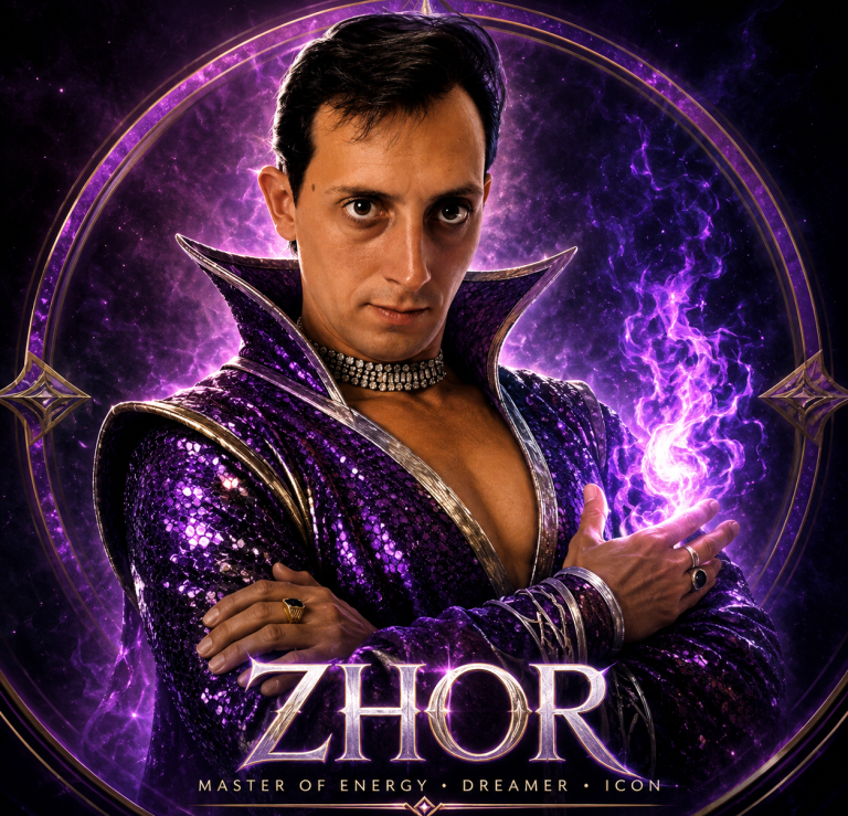 Zhor 1990's Image Zhor in a sparkly purple outfit striking a dramatic pose with a mystical background.