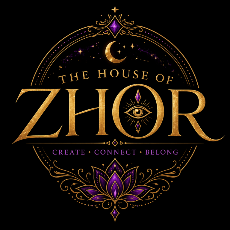 The House of Zhor Logo Logo of "The House of Zhor" with gold text and a lotus design on a black background.