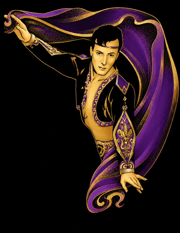 Zhor As A Cartoon 1990'2 Original Sketch by Mark Fultz Zhor in a decorative outfit with a flowing purple cape, posing gracefully.