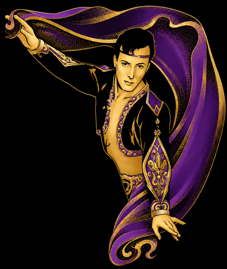 Zhor in a vibrant purple and gold costume, striking a dynamic pose.