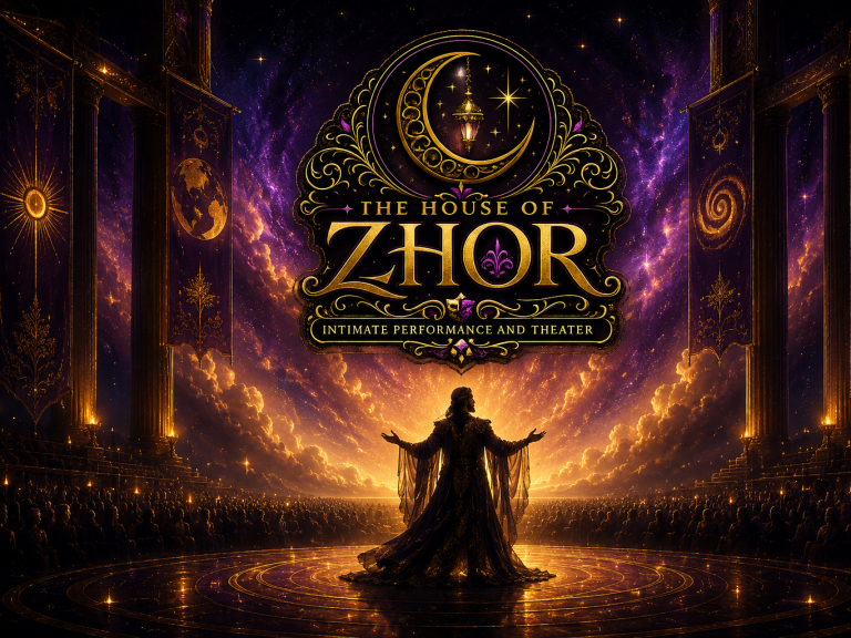 A mystical figure in a dark robe stands before a cosmic backdrop with swirling colors. Introducing the House of Zhor