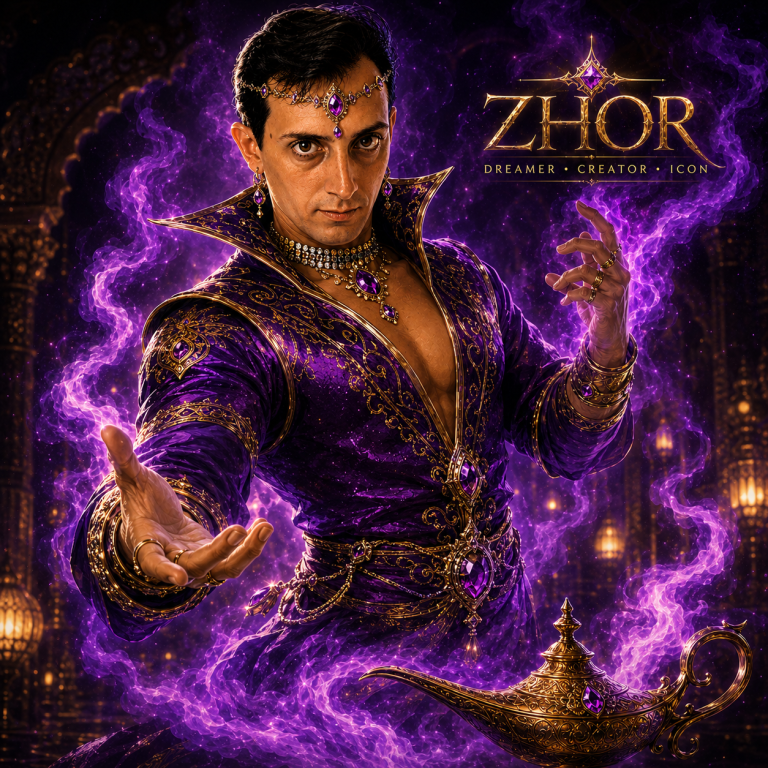 A man in a purple outfit conjures purple magical energy around a genie lamp.